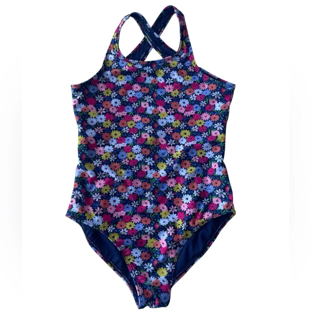 GAP Navy Multi Floral One-Piece Swimsuit Low Back Lined Girls XL New